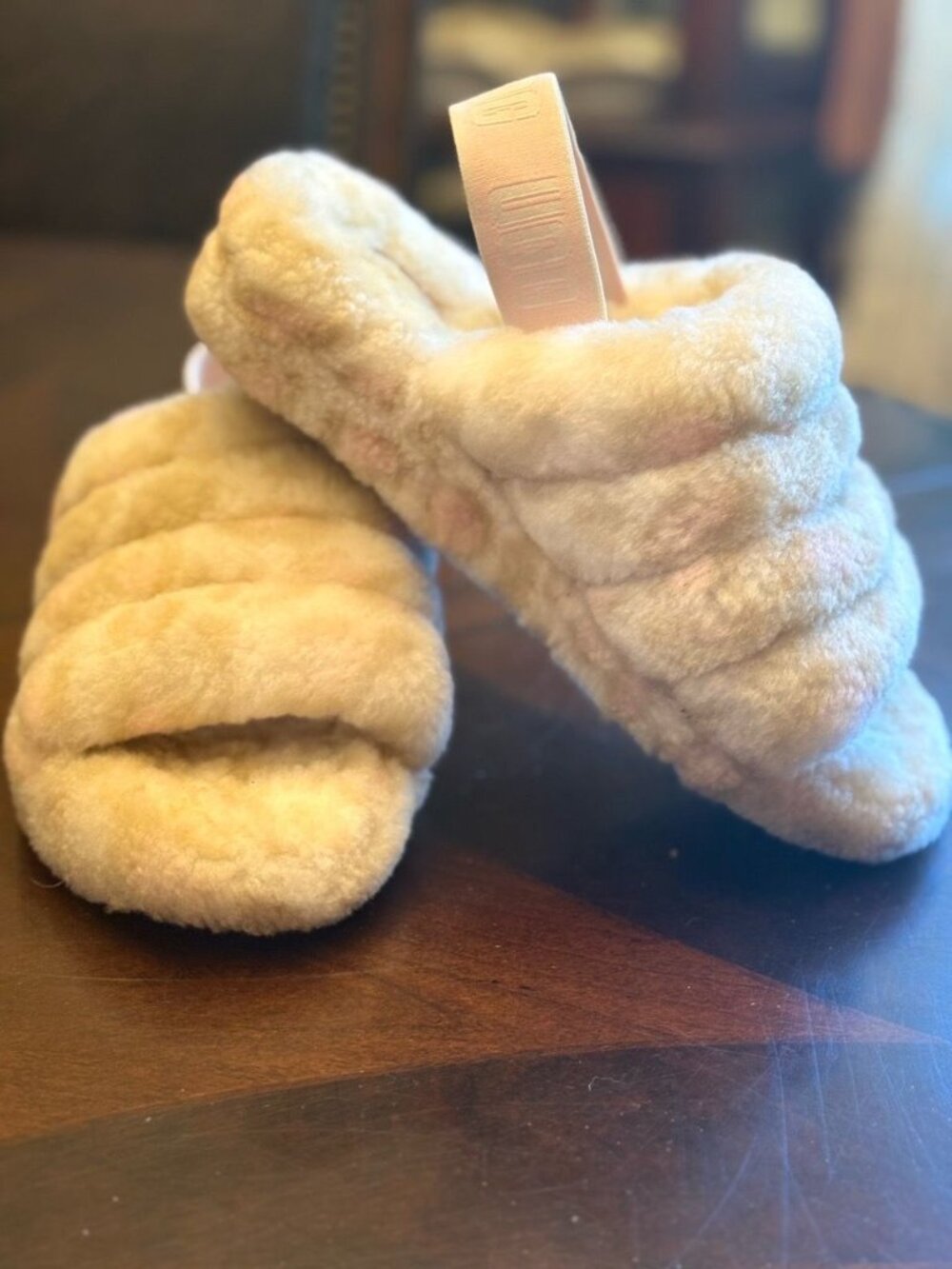 UGG Fluff Yeah Slide Panther Print Slingback Slippers Cream Pink Size 8